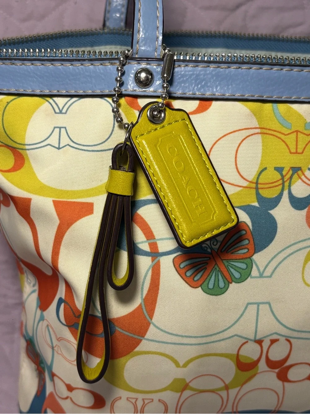 Multicolor Patterned Tote Bag with Blue Trim